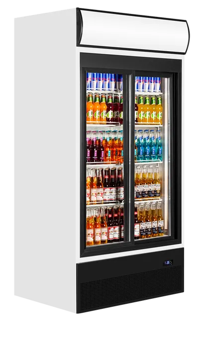 TEFCOLD FSC1000S Displaykyl fylld med färgglada drycker bakom glasdörrar