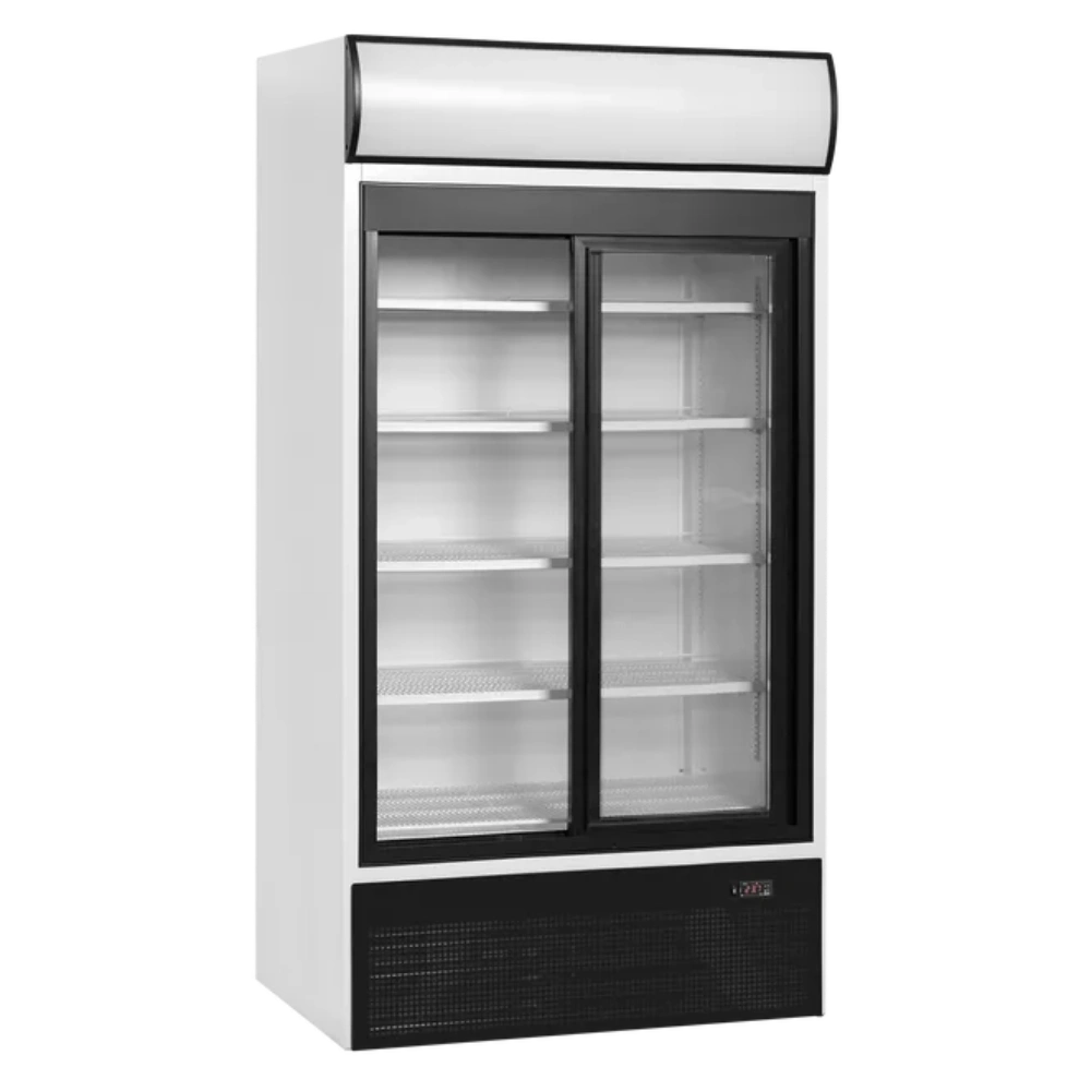 TEFCOLD FSC1000S Displaykyl i tomt läge med dubbla glasdörrar och hyllor
