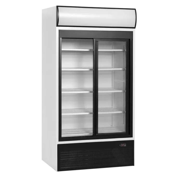 TEFCOLD FSC1000S Displaykyl i tomt läge med dubbla glasdörrar och hyllor