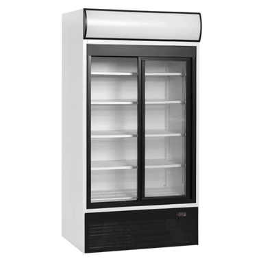 Tefcold FSC1000S Displaykyl i tomt läge med dubbla glasdörrar och hyllor