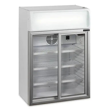Tefcold FSC100 Displaykyl med dubbla glasdörrar och vit toppskylt.