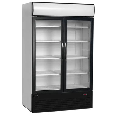 Klassisk vit version av TEFCOLD FSC1200H Displaykyl med tomma hyllor