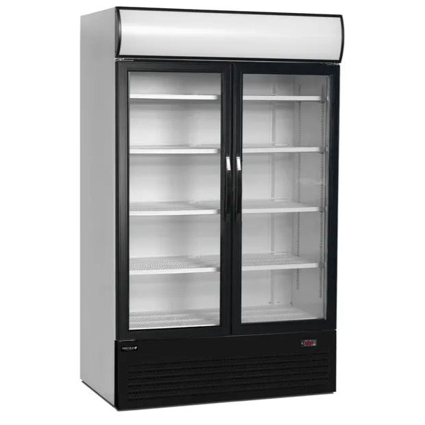 Klassisk vit version av TEFCOLD FSC1200H Displaykyl med tomma hyllor