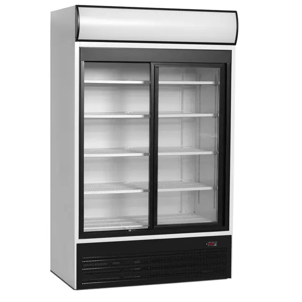 Frilagd vy av TEFCOLD FSC1200S Displaykyl med stängda glasdörrar