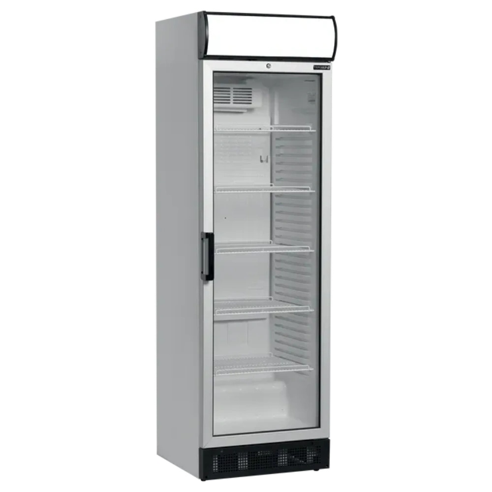 TEFCOLD FSC1380 Exponeringskyl med tomma hyllor och glasdörr.