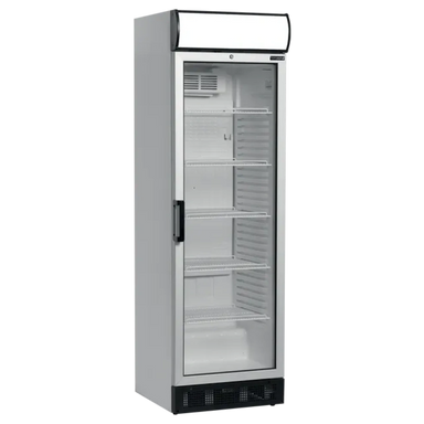 TEFCOLD FSC1380 Exponeringskyl med tomma hyllor och glasdörr.