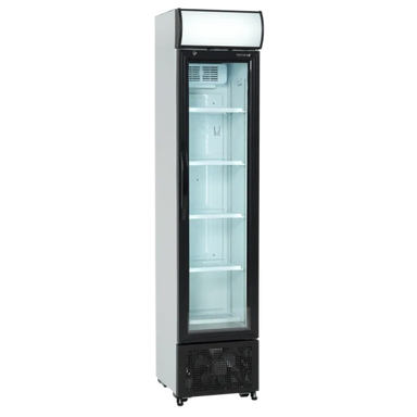 FSC175H kyl från Tefcold i vit färg med svart dörrkarm och belysning i toppskylt, visad med tomma hyllor.