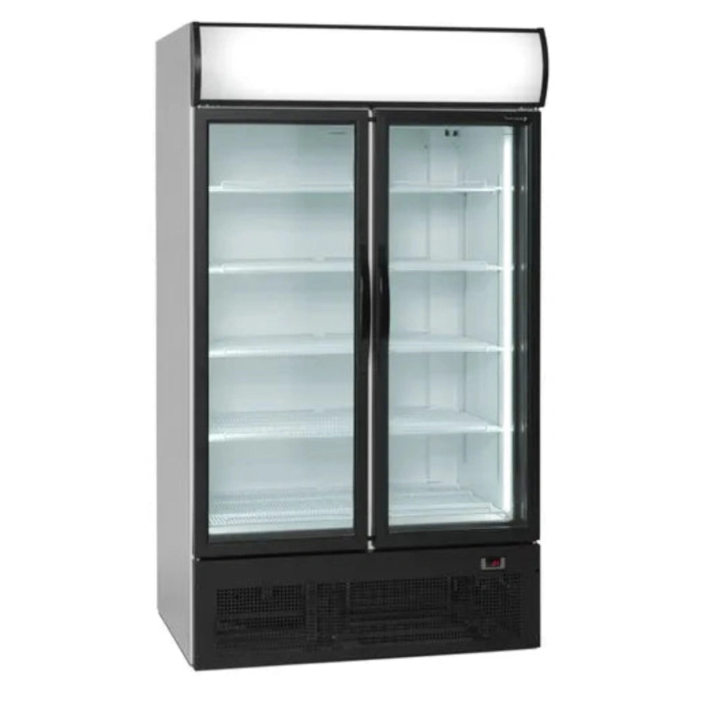 Frilagd bild på TEFCOLD FSC1950H Displaykyl med dubbeldörrar och tomma hyllor