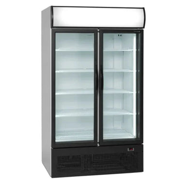 Frilagd bild på TEFCOLD FSC1950H Displaykyl med dubbeldörrar och tomma hyllor