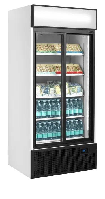 TEFCOLD FSC891S Displaykyl med fyllda hyllor och stängda dörrar