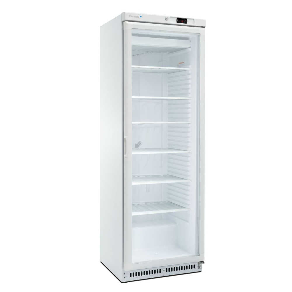 Vit SARO ACE 430 CS PV Displayfrys med glasdörr och flera hyllplan.