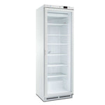 Vit SARO ACE 430 CS PV Displayfrys med glasdörr och flera hyllplan.
