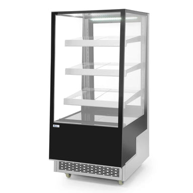 HENDI 300 L Kylmonter med 3 Hyllor sned vy med LED belysning och glas runt om