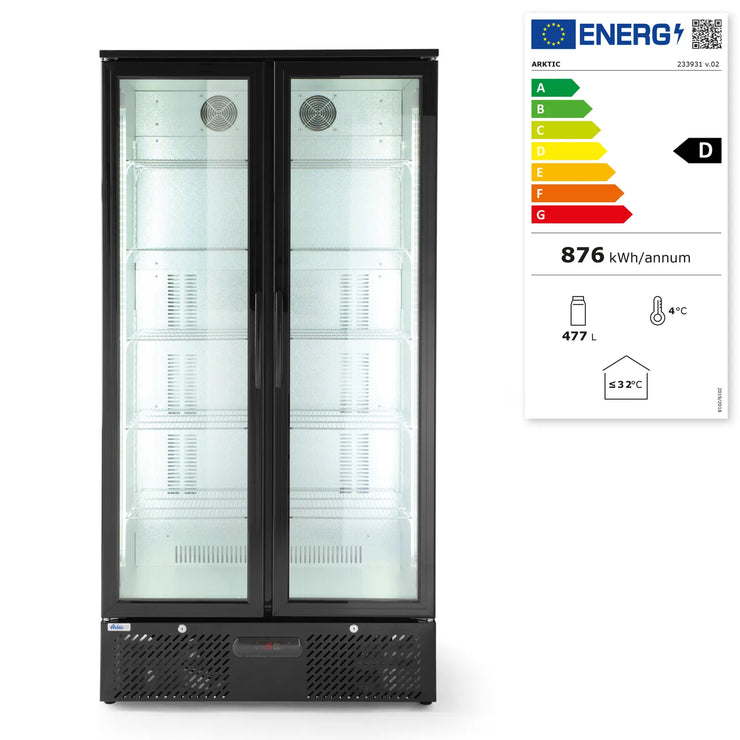 Displaykyl HENDI 477 L med energimärkning, dubbla glasdörrar