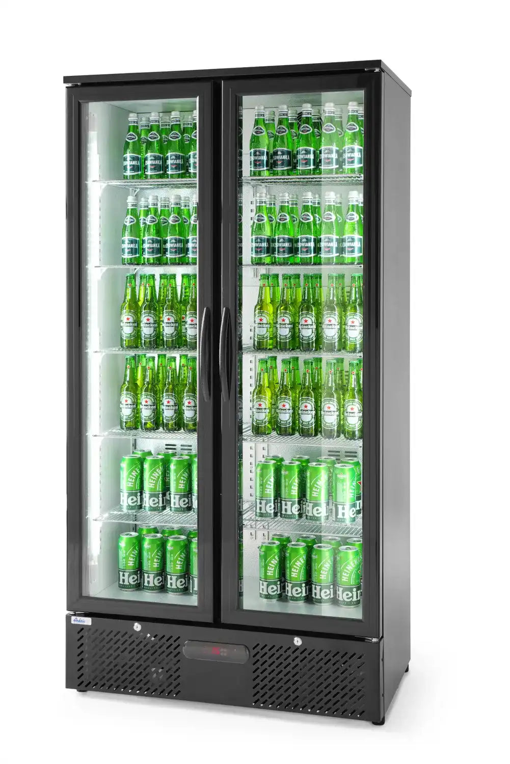 Displaykyl HENDI 477 L sedd snett framifrån, dubbla glasdörrar, invändig LED-belysning