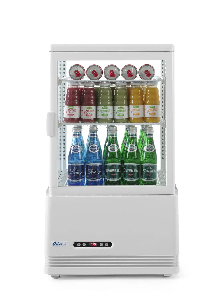 Kylmonter HENDI 58 L i vit med glas på tre sidor och digital temperaturvisning