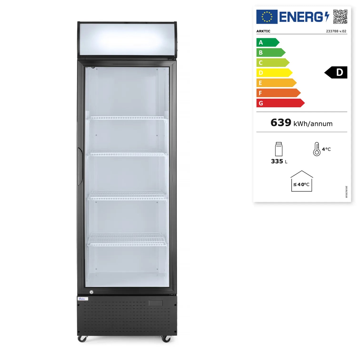 HENDI 335 L Displaykyl front med energimärkning och kapacitet