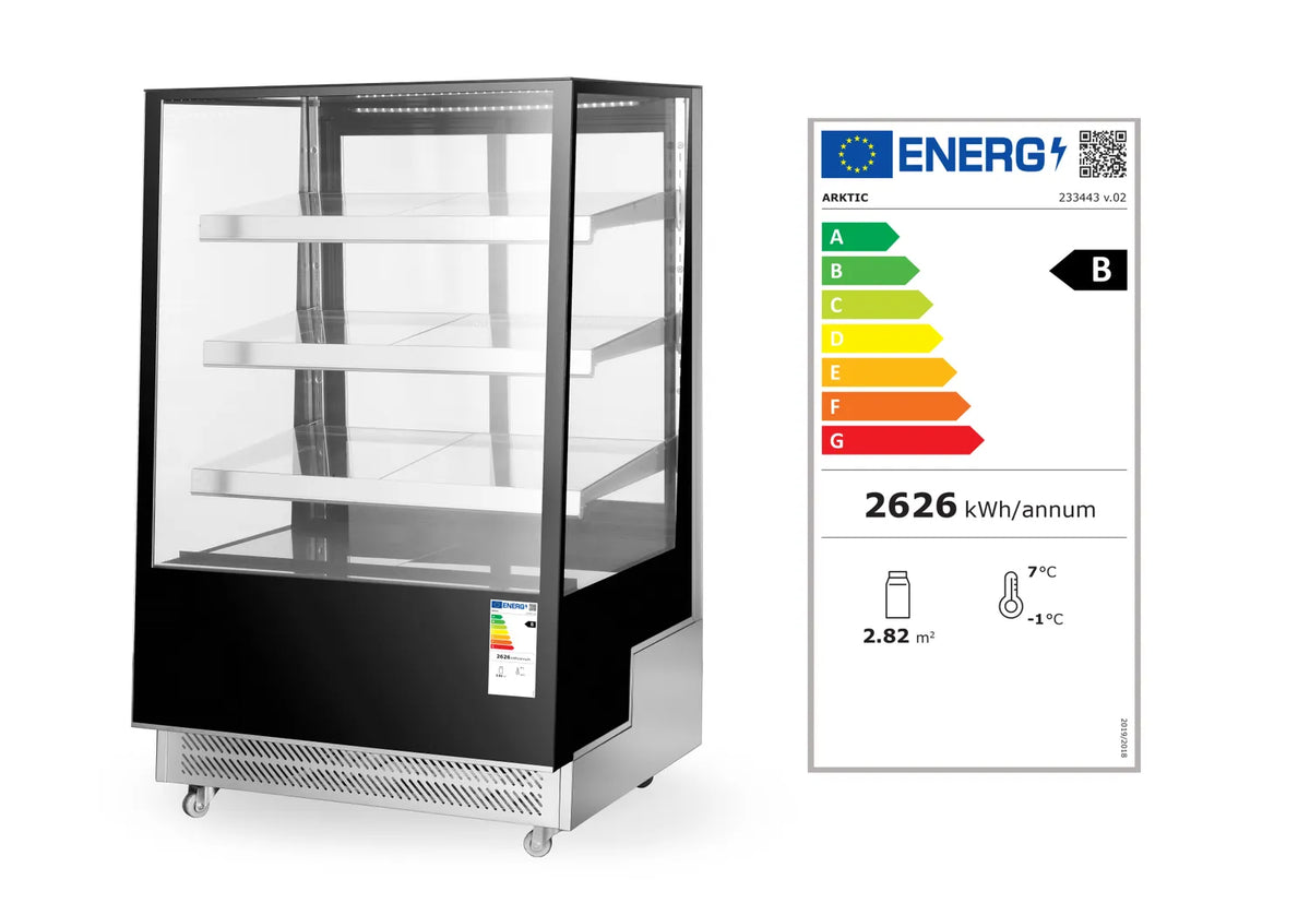 Kylmonter HENDI 500 L med 3 hyllor, svart ram, glas runt om och LED-belysning.