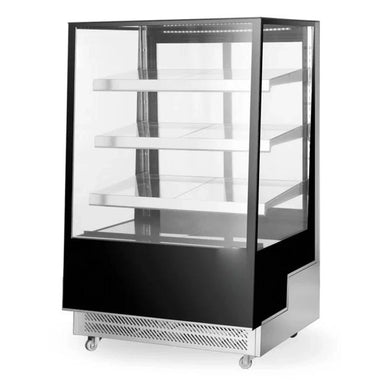 Displaykyl HENDI 500 L med 3 hyllplan, hjul och helglasad konstruktion.