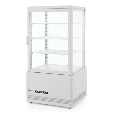 Kylmonter HENDI 68 L i vit med glas runt om, tre gallerhyllor och digital temperaturdisplay