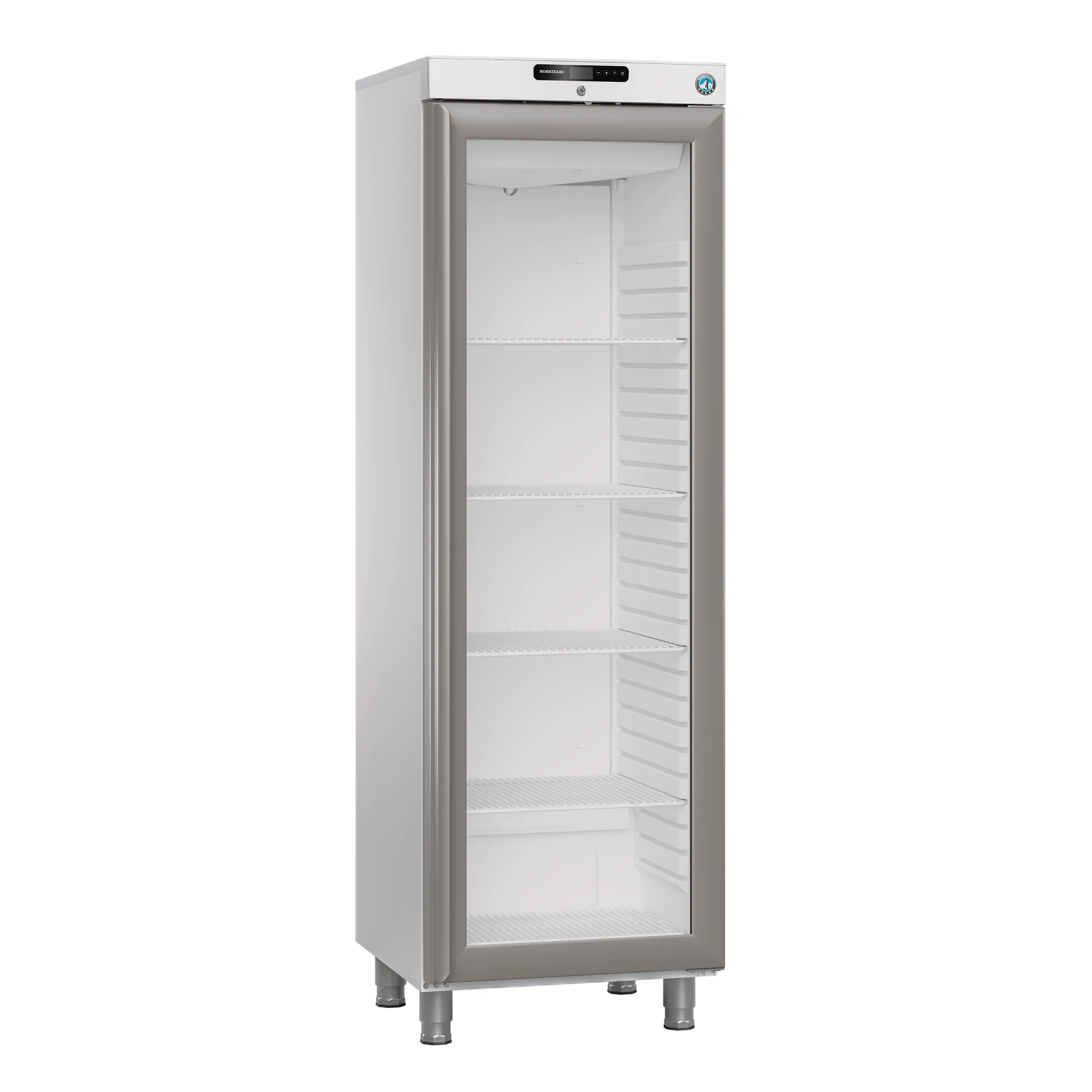 Hoshizaki FG420L L1 DR G E Displayfrys 265 L, sedd rakt framifrån mot vit bakgrund