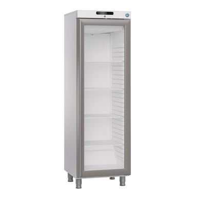 Hoshizaki FG420L L1 DR G E Displayfrys 343 L, sedd rakt framifrån mot vit bakgrund