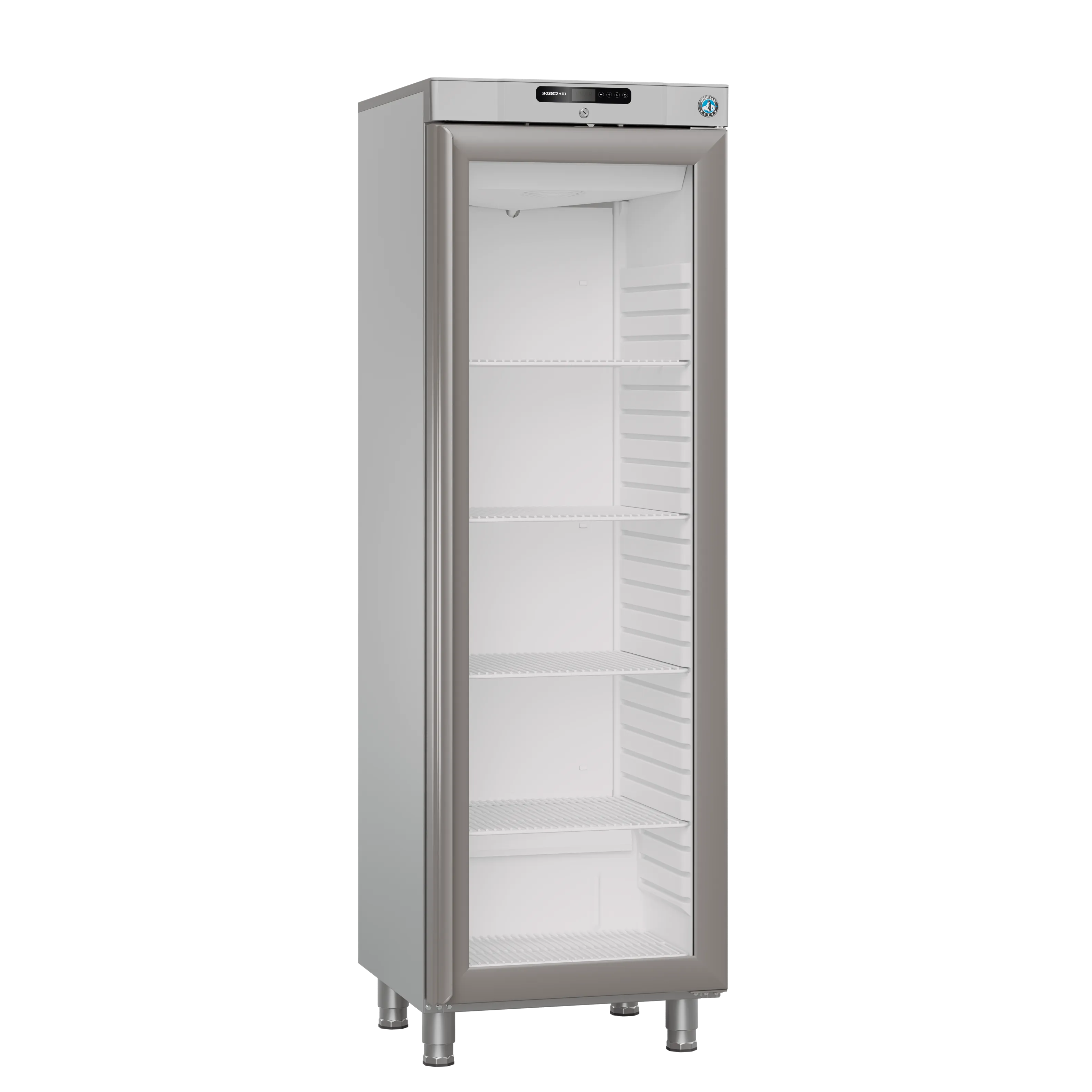 Hoshizaki FG420R L1 DR G E Displayfrys 265 L, sedd rakt framifrån mot vit bakgrund