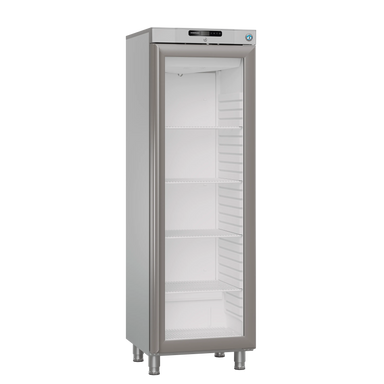 Hoshizaki FG420R L1 DR G E Displayfrys 343 L, sedd rakt framifrån mot vit bakgrund