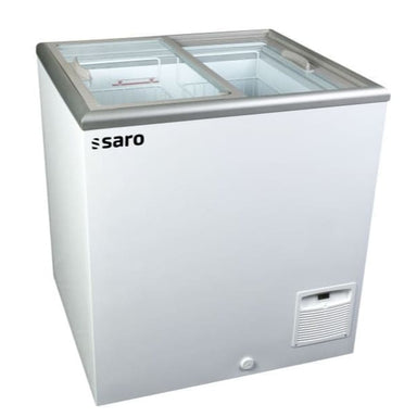 Fristående SARO NOVA 22 Frysbox i kompakt design med toppglas och metallkanter.