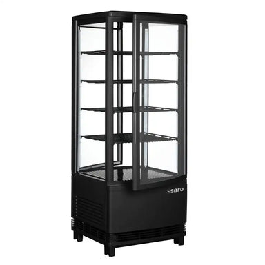 Öppnad svart SARO SC 100 DT Kylmonter med glashyllor och rundade kanter.