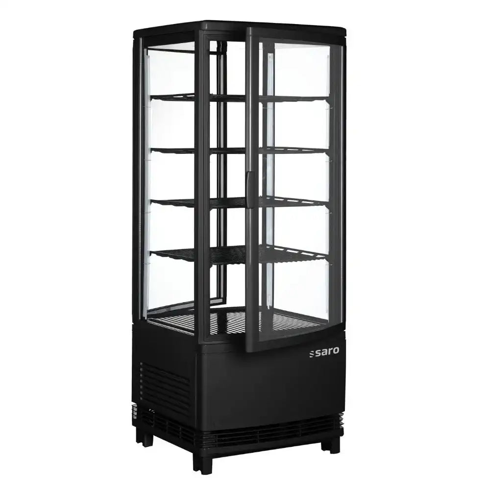 Öppnad svart SARO SC 100 DT Kylmonter med glashyllor och rundade kanter.