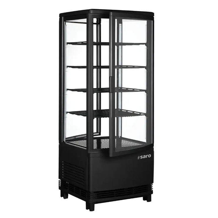 Öppnad svart SARO SC 100 DT Kylmonter med glashyllor och rundade kanter.