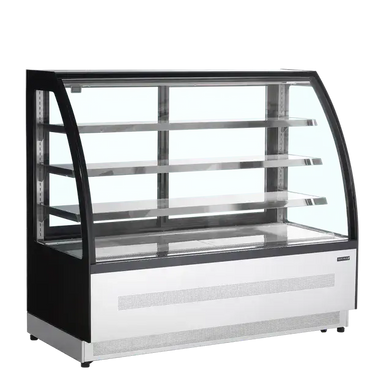 TEFCOLD LPD1500C Kylmonter med tomma hyllor och böjt glas för optimal exponering.