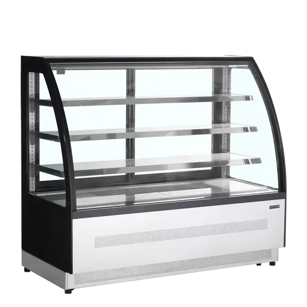 TEFCOLD LPD1500C Kylmonter med tomma hyllor och böjt glas för optimal exponering.