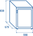 Måttskiss av Cool Head CRG 2 kylskåp med höjd 838 mm, bredd 598 mm och djup 679 mm.