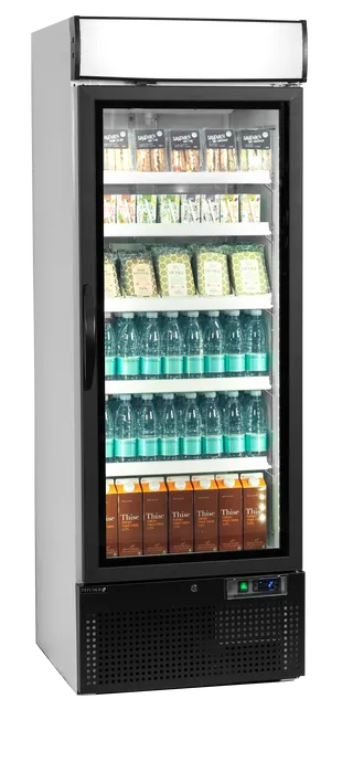 Fylld Tefcold NC2500G Displaykyl med drycker och färdiga måltider.