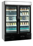 Tefcold NC5000G Displaykyl med dryckesflaskor och färdigrätter bakom dubbla glasdörrar.