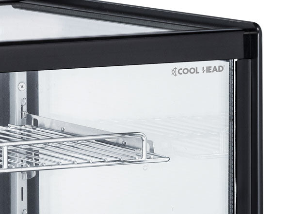 Närbild på glashörn och hyllplan i Cool Head RC 120SQ Kylmonter