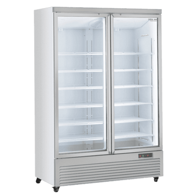 Cool Head RCG 1350 Displaykyl i vit modell med dubbla glasdörrar och flera hyllplan.