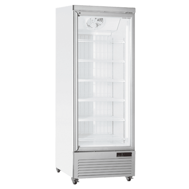 Cool Head RFG 750 Displayfrys i vit modell med glasdörr och hyllor i metall.