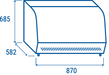 Måttskiss av Cool Head RH 160 varm matmonter med höjd 685 mm, djup 582 mm och bredd 870 mm.
