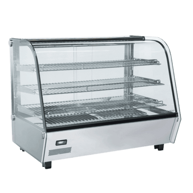 Komplett vy av Cool Head RH 160 varm matmonter med böjt glas, tre hyllor och rostfri bas.