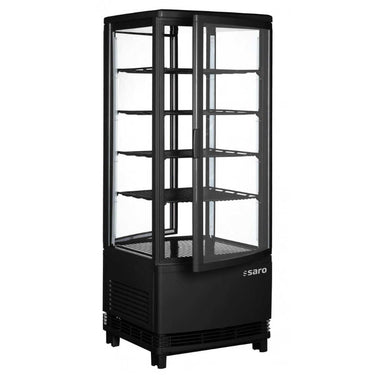 Öppnad svart SARO SC 100 DT Kylmonter med glashyllor och rundade kanter.