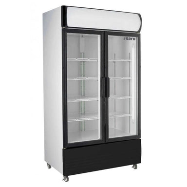 SARO GTK 580 Displaykyl med dubbla glasdörrar, toppskylt och flera hyllplan för exponering.