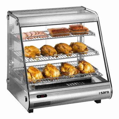 SARO ELINE Värmemonter med tre hyllor fyllda med grillad kyckling och färdigrätter.