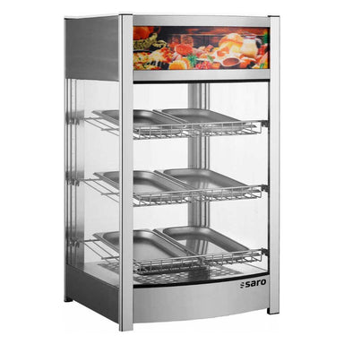 Fristående SARO FINN Värmemonter i rostfritt stål med färgbild och värmehyllor.