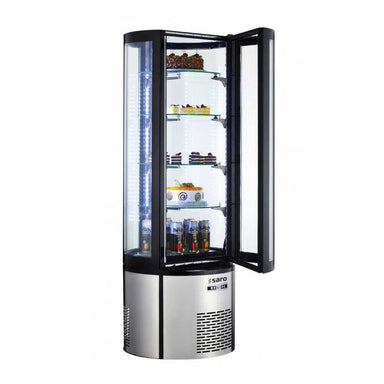 Öppen SARO FRANZISKA Kylmonter i rund design med tårtor och burkar på glashyllor.