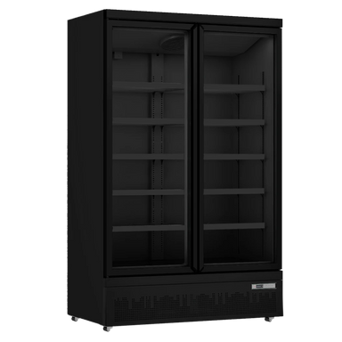 Svart SARO GTK 1000 PRO Displaykyl med dubbla glasdörrar och flera hyllplan för effektiv exponering.