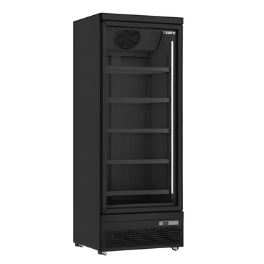 Svart SARO GTK 560 PRO Displayfrys med glasdörr, LED-belysning och fem justerbara hyllor.