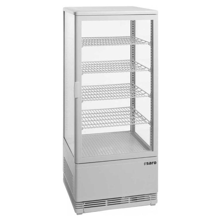 Vit SARO SC 100 Kylmonter med fem trådhyllor och glasväggar.